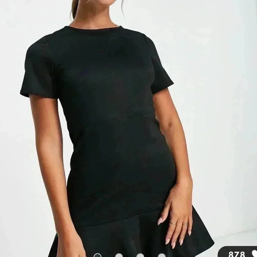 ASOS DESIGN short sleeve ponte mini dress with pep hem in black size 8 - Picture 2 of 6